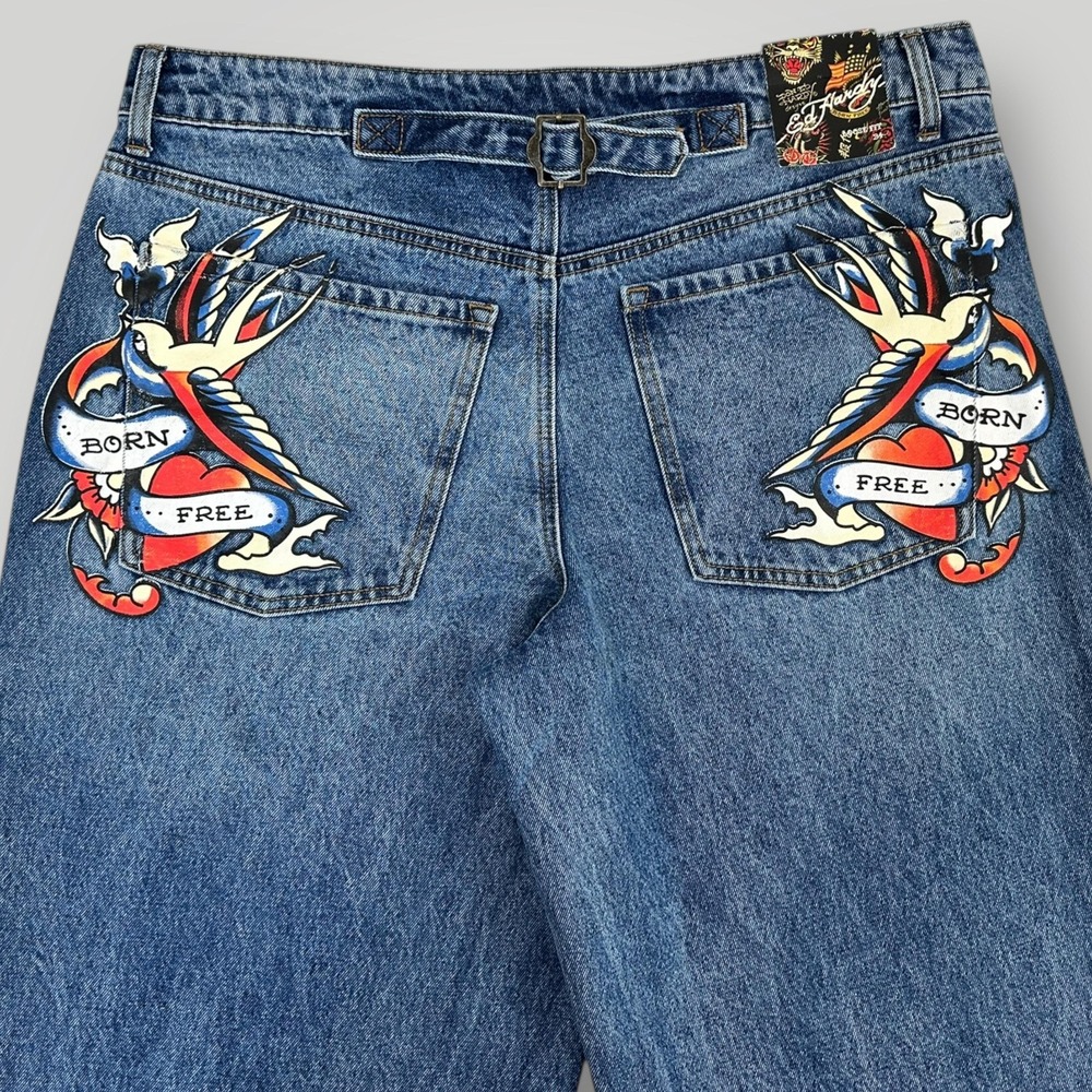 NEW Ed Hardy Jeans Womens 34 Blue Wide Leg High Rise Born Free Logo Buckle Back